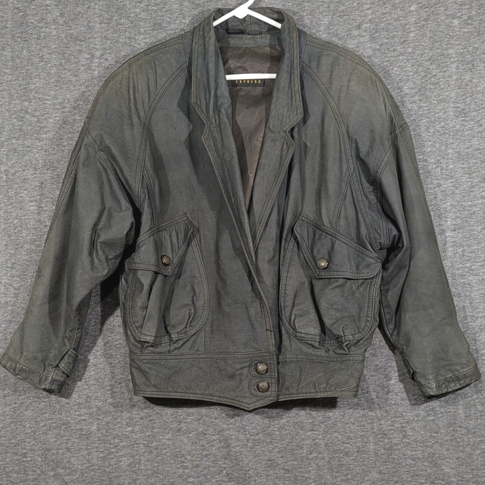 Express Vintage 80s Leather Bomber Jacket Charcoal Gray Oversized Size XS